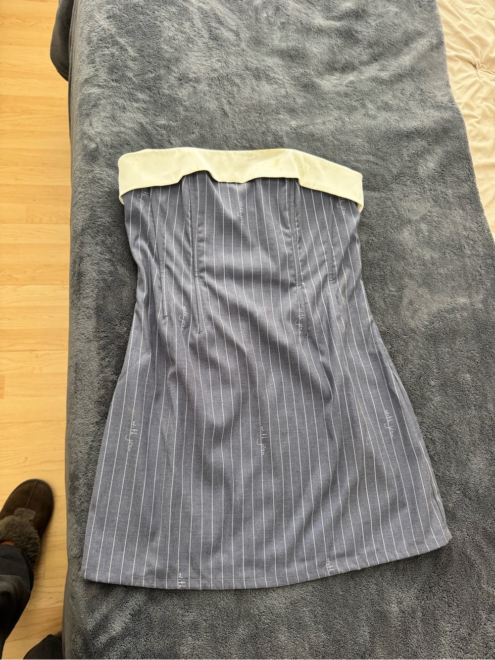 With Jean Strapless Gray Pinstripe Dress with Cream Foldover